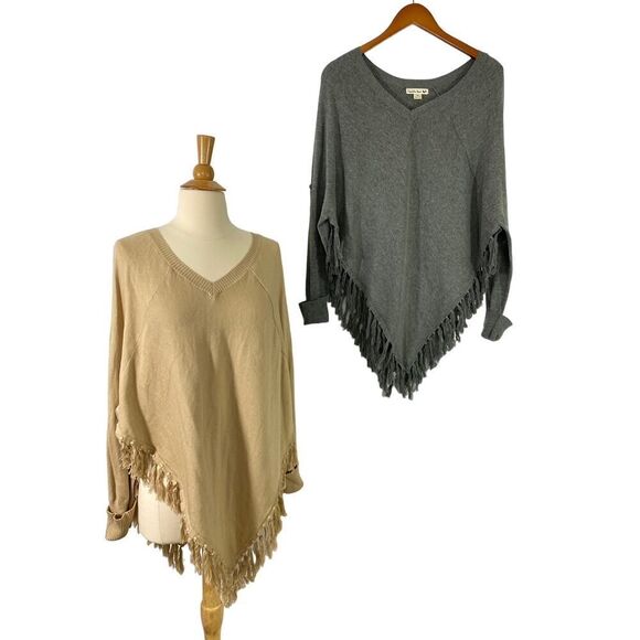 Double Zero SET OF 2 Knit Ponchos Fringe Hem Long Sleeve Tan Gray Soft Size S - Picture 12 of 12
